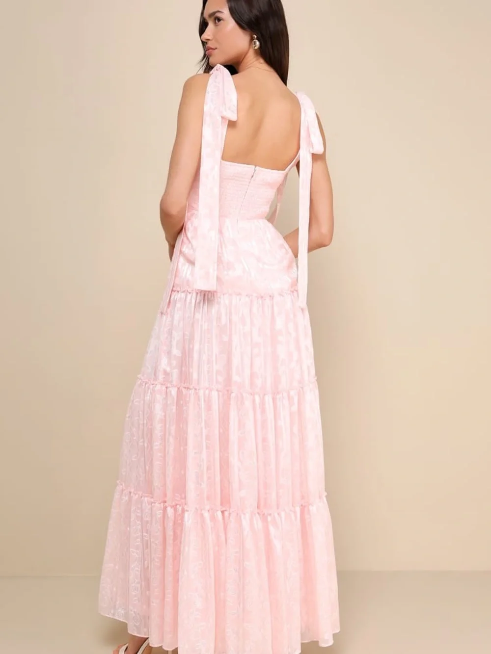 Lulus Small Picturesque Allure Blush Pink Jacquard Tie-Strap Maxi Dress Wedding - Picture 11 of 11